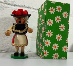 Vintage Steinbach German wooden smoker, black forest girl with bollenhut hat & box