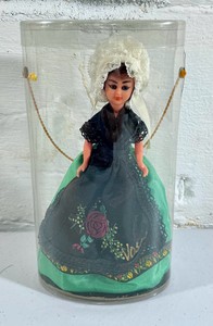 Vintage French regional costume doll, Vosges folk attire with original display cylinder