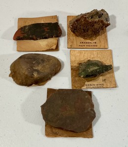 Vintage rock & mineral specimen collection, 5 pieces including Aragonite NM & Rosin zinc OK