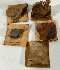 Vintage rock & mineral specimen collection, 5 pieces including Galena lead ore & black opal