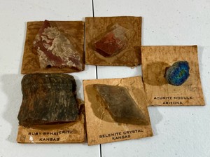 Vintage mineral specimen collection of 5 pieces including Azurite nodule, ruby sphalerite & selenite crystal