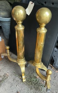 Vintage solid brass cannonball fireplace andirons pair, colonial style firedogs