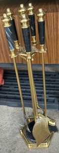 Vintage Hollywood regency brass & black marbled fireplace tool set with stand