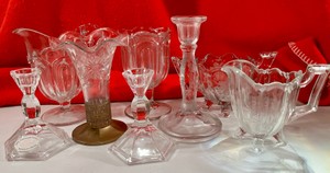 Vintage crystal & pressed glass, candlesticks, vases, ruffled dish