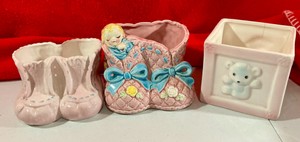 Vintage Napco ceramic pink baby booties & teddy bear block planters