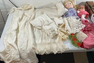 Vintage Childrens Victorian Embroidered Gowns Slips, Doilies, Apron linens Doll group