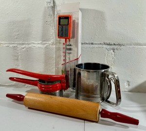 Vintage Red Ricer, Flour Shifter, Red wood rolling pin kitchen ware