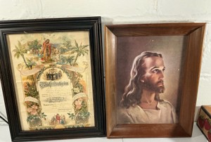 Antique Baptism 1927 framed ephemera German Religious Picture wood frames