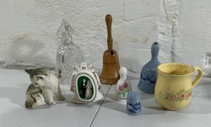 Lot Bells Porcelain Cat Figure Pottery cup Group German Glass Bell, Thimble