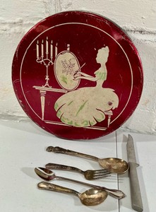 Vintage Red Tin & Childrens miniature silverware Fork Spoon Silver Plate Harmony House