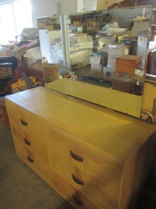 Blonde vintage dresser with beveled edge mirror, 51 wide