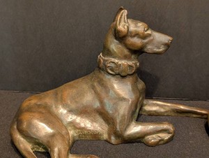 SR - Antique Art Deco Edward Field Sanford Jr. Signed "Doberman" Dog Bookends, Pair (1913)