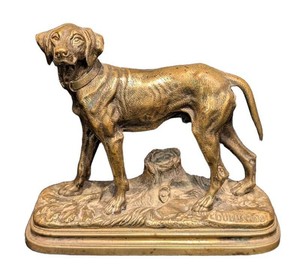 Antique 19th-Century French Animalier Patinated Bronze Sculpture of a Hunting Pointer Dog, Signed Alfred Dubucand (1828-1894)