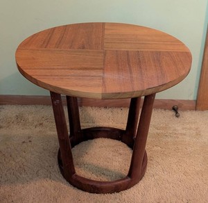 O - Vintage Round Wood Side Table - Parquetry-Style Top