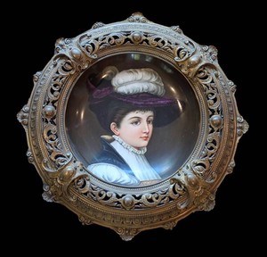 LR - Antique 19th C. Hand-Painted Porcelain Portrait Plate in Ornate Openwork Brass Frame