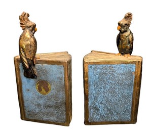 SR - Vintage Art Deco Pompeian Bronze-Clad Cockatoo Atlas of the World Bookends - Pair