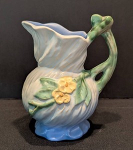 DR - Vintage Art Pottery Pitcher - Weller Floral Blue & Green Glaze