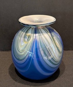 DR - Art Glass Vase - Handblown Blue Swirl 5.5in H X 4.5in W