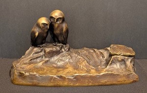 DR - Vintage Art Nouveau Bronze Owl Inkwell - Figural Double Owl Desk Accessory