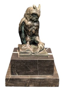 SR - Vintage Vienna Bronze Style Owl on Open Book Desk Sculpture