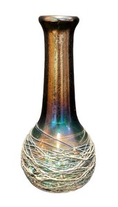 SR - Signed Art Glass Vase - Iridescent Applied Lattice Design