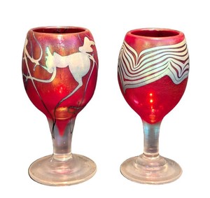SR - Signed Robert Doring Studio Art Glass Red Iridescent Goblets - Pair
