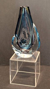 SR - Signed Art Glass Vase - Blue Sculptural Bud Vase