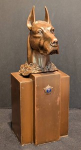 Vintage Art Deco Patinated Bronze Doberman Pinscher Bust Trophy - Featuring 1920s Underwood Expert Typist Enamel Award Medallion