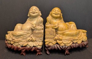 SR - Pair of Antique Chinese Hand-Carved Soapstone Laughing Buddha Bookends - c. Early 20th Century