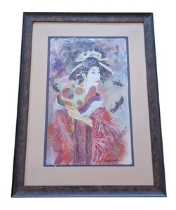 Framed Mixed-Media Artwork - Marian Carlsen Signed Woman With Parasol