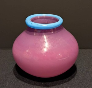 SR - Signed Art Glass Vase - Pink Glass With Blue Rim