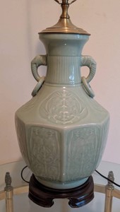 Vintage Table Lamp - Embossed Ceramic Urn With Wildwood Lampholder