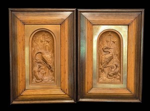 SR - Decorative Vintage Bronze Heron Plaque Pair - Framed Wetland Relief Panels