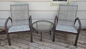 BY - Patio Chair & Table Set - 2 Metal Sling Chairs, Glass-Top Table