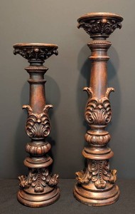SR - Carved Wood Pedestal Pair - Ornate Acanthus Leaf Columns