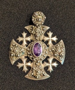SR - Vintage Sterling Pendant - Jerusalem-Style Crusader Cross With Amethyst