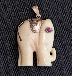 SR - Carved Elephant Pendant - Figural Pendant With Red Stone and 14k Details