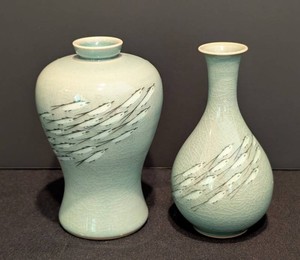 LR - Korean Celadon Vases - Pair of Maebyeong-Style Fish Design Vessels