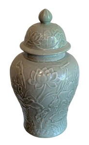 BR - Lidded Celadon Ginger Jar - Lotus Relief Porcelain Urn