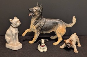 BR - Vintage Dog Figurines - Marbelle French Bulldog & German Shepherd, 4pc Mixed Lot