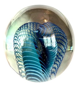 LR - Art Glass Paperweight - Blue Ribbon Swirl Etched 1999