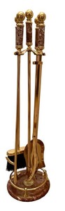 LR - Vintage Fireplace Tool Set - Brass With Pink Marble Handles & Stand