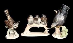 LR - Porcelain Bird Figurines - Rosenthal Germany including Vintage Rosenthal Porcelain Figurine Three Sparrows on a Branch Drei Spatzen auf Ast