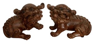 LR - Vintage Chinese Foo Dogs - Hand-Carved Wooden Guardian Lions