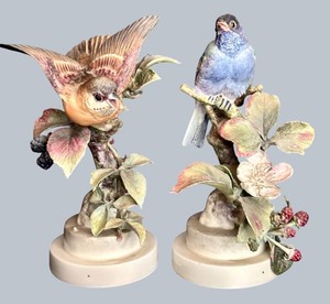 DR - A Pair of Royal Worcester Dorothy Doughty Bisque Porcelain Bird Models, Indigo Buntings and Blackberry, Issued 1941