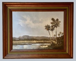 LR - Oil Landscape Painting - Tropical Marsh Scene, Framed 17 X 21 in