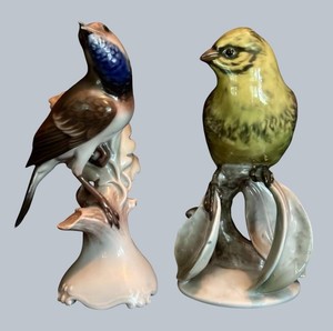 LR - Pair of Vintage Rosenthal Hand Painted Germany Porcelain Bird Figurines - Bluethroat & Finch