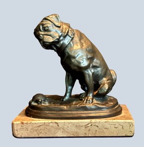 LR - Vintage Christine Baldwin Patinated Bronze Pug Sculpture on Marble Base (1982)