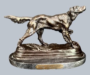 LR - Antique Long Hair Setter Bronze Sculpture - J. Moigniez