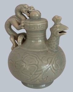 O - Vintage Celadon Porcelain Puzzle Teapot Dragon Motif